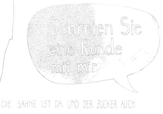 2008, "DIE SAHNE IST DA UND DER ZUCKER AUCH" (Andrea Winkler, ?), Bunt- und Bleistift auf Papier, 42 x 59,4 cm 