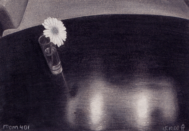 2000, "room 401", Buntstift auf Papier, 8,9 x 13 cm