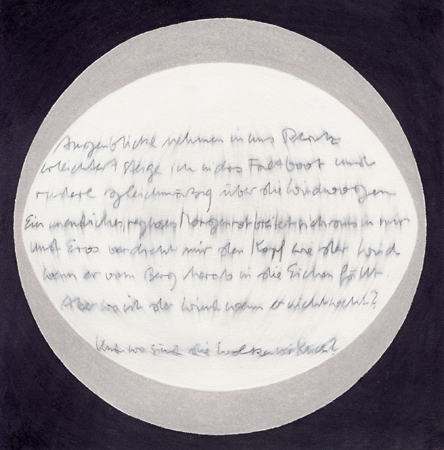 2000, "Augenblicke nehmen in uns Platz / erleichtert steige ich in das Faltboot und rudere gleichmäßig über die Windwogen / Ein unendliches, regloses Morgenrot breitet sich aus in mir und Eros verdreht mir den Kopf wie der Wind / wenn er vom Berg herab in die Eichen fällt / Aber wo ist der Wind wenn er nicht weht? / Und wo sind die Wolken wirklich?" (Harald Jurkovic, Günter Eichberger, F.P.Ingold, Malerba, M.L.Angerer, Sappho, C.K.), Bunt- und Bleistift auf Papier, 17,1 x 17,3 cm 2000, "Augenblicke nehmen in uns Platz / erleichtert steige ich in das Faltboot und rudere gleichmäßig über die Windwogen / Ein unendliches, regloses Morgenrot breitet sich aus in mir und Eros verdreht mir den Kopf wie der Wind / wenn er vom Berg herab in die Eichen fällt / Aber wo ist der Wind wenn er nicht weht? / Und wo sind die Wolken wirklich?" (Harald Jurkovic, Günter Eichberger, F.P.Ingold, Malerba, M.L.Angerer, Sappho, C.K.), Bunt- und Bleistift auf Papier, 17,1 x 17,3 cm