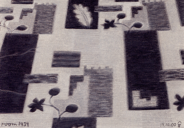 2000, "room 1434", Buntstift auf Papier, 12,7 x 8,7 cm