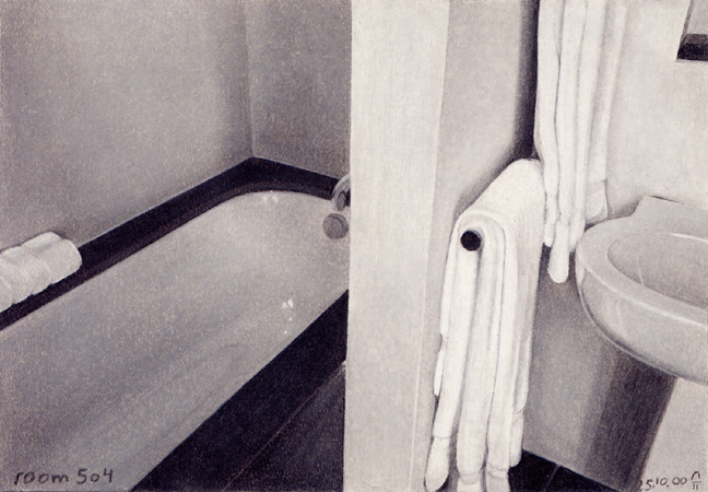 2000, "room 504", Buntstift auf Papier, 12,9 x 8,8 cm
