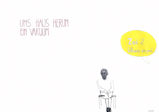 2005, "UMS HAUS HERUM EIN VAKUUM" (Herta Müller), Bunt- und Bleistift auf Papier, 42 x 59,4 cm 