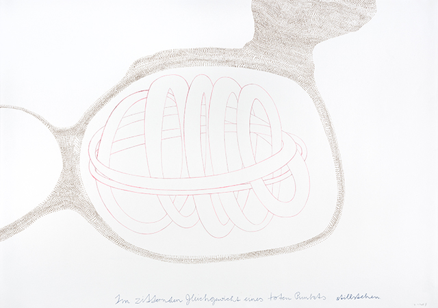 2015, "Im zitternden Gleichgewicht eines toten Punkts stillstehen" (Hélène Cixous), Bunt- und Bleistift auf Papier, 42 x 59,4 cm 