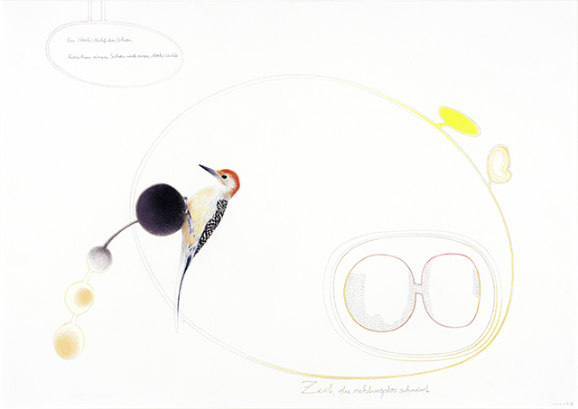 2019, "Zeit, die richtungslos schwirrt" (Byung-Chui Han), Bunt- und Bleistift auf Papier, 42 x 59,4 cm 