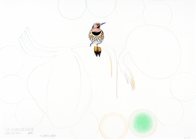 2019, "TAGE, AN DENEN ETWAS IN MIR SAGT, BEWEG DICH NICHT." (Zsuzsa Bánk), Bunt- und Bleistift auf Papier, 42 x 59,4 cm 