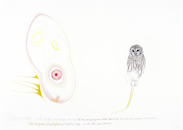 2019, "Übermorgen wird morgen und morgen wird heute." (Ilse Aichinger), Bunt- und Bleistift auf Papier, 42 x 59,4 cm 