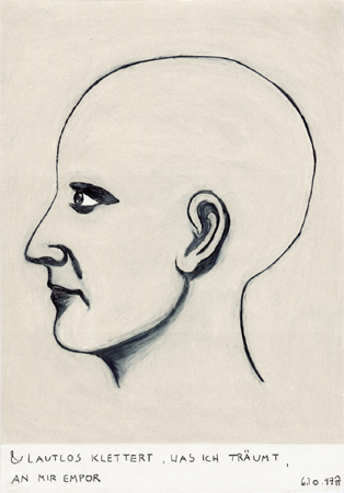 1997, "& LAUTLOS KLETTERT, WAS ICH TRÄUMT, AN MIR EMPOR" (Paul Celan), Buntstift auf Papier, 29,8 x 21 cm 


