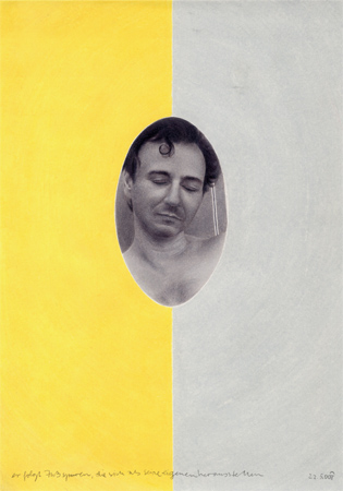 2000, "er folgt Fußspuren, die sich als seine eigenen herausstellen" (Günter Eichberger), Buntstift auf Papier, 29,8 x 21 cm